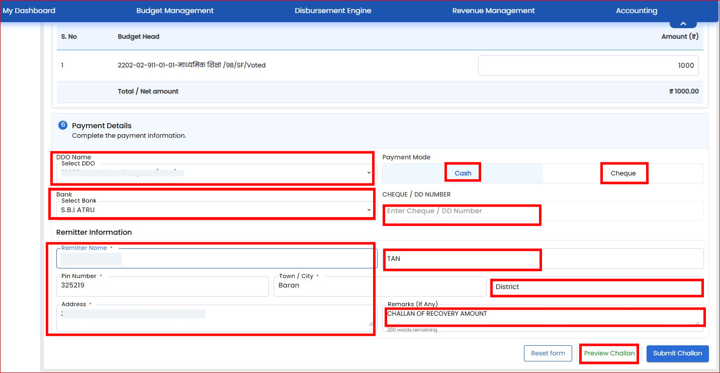 Payment Details and Submit Challan Form