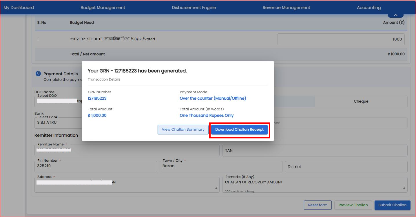 Download Challan Receipt GRN