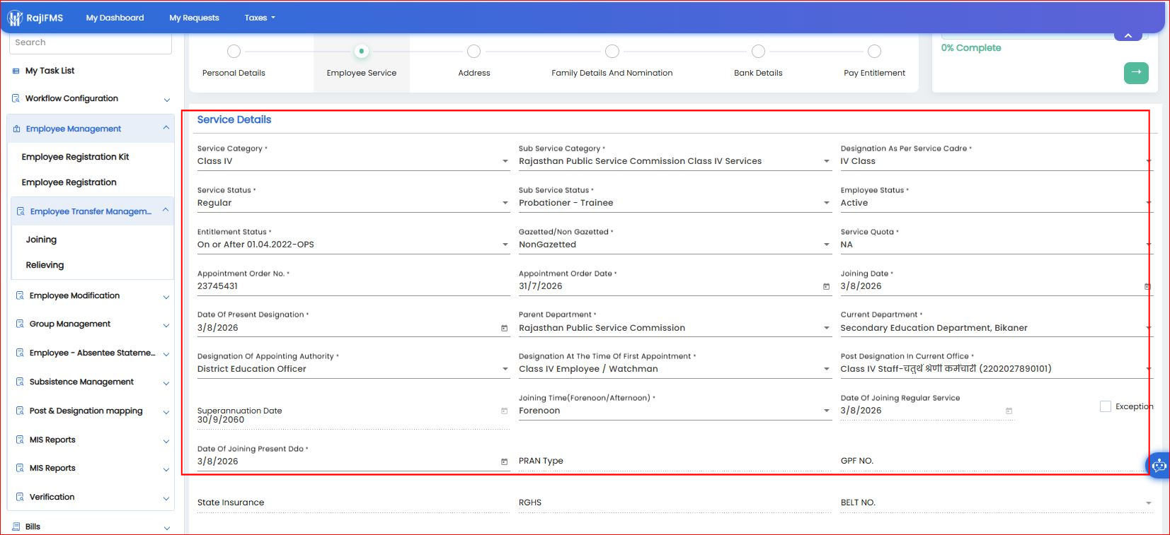 Employee Service details Form