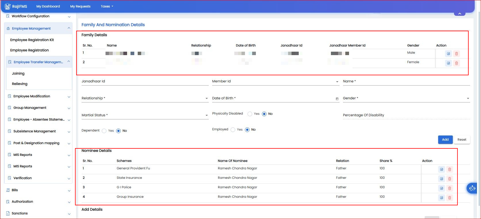 Family Details and Nominee Allocation