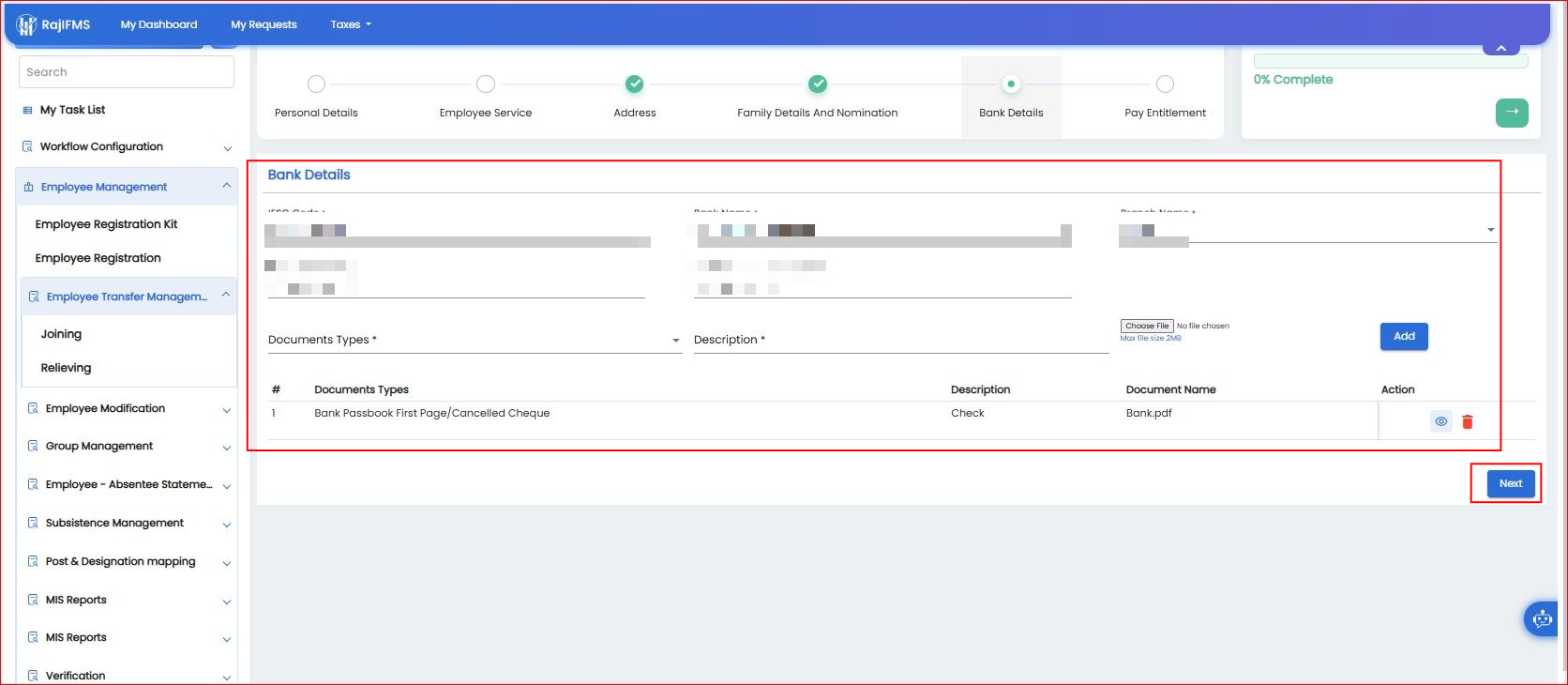 Bank Details and Passbook Upload
