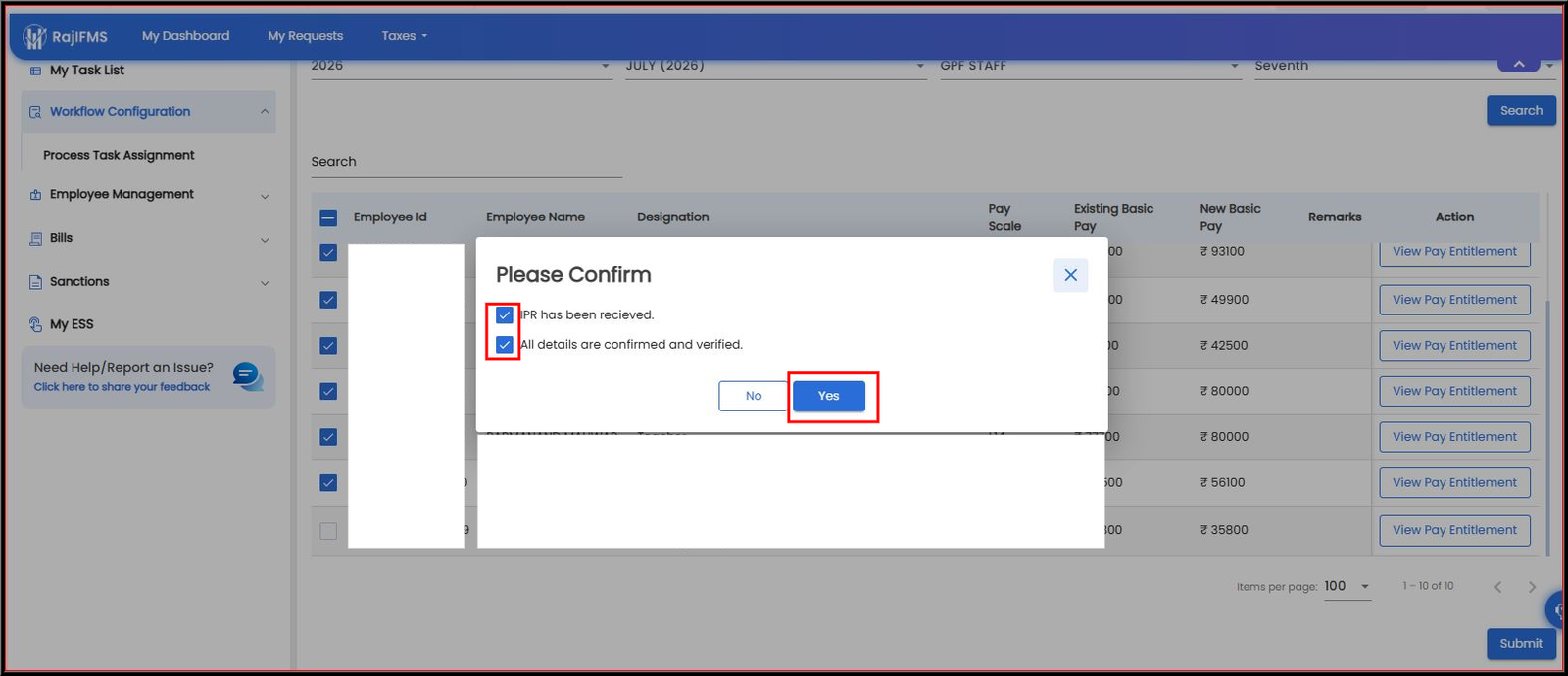 Confirmation Checkboxes Screen