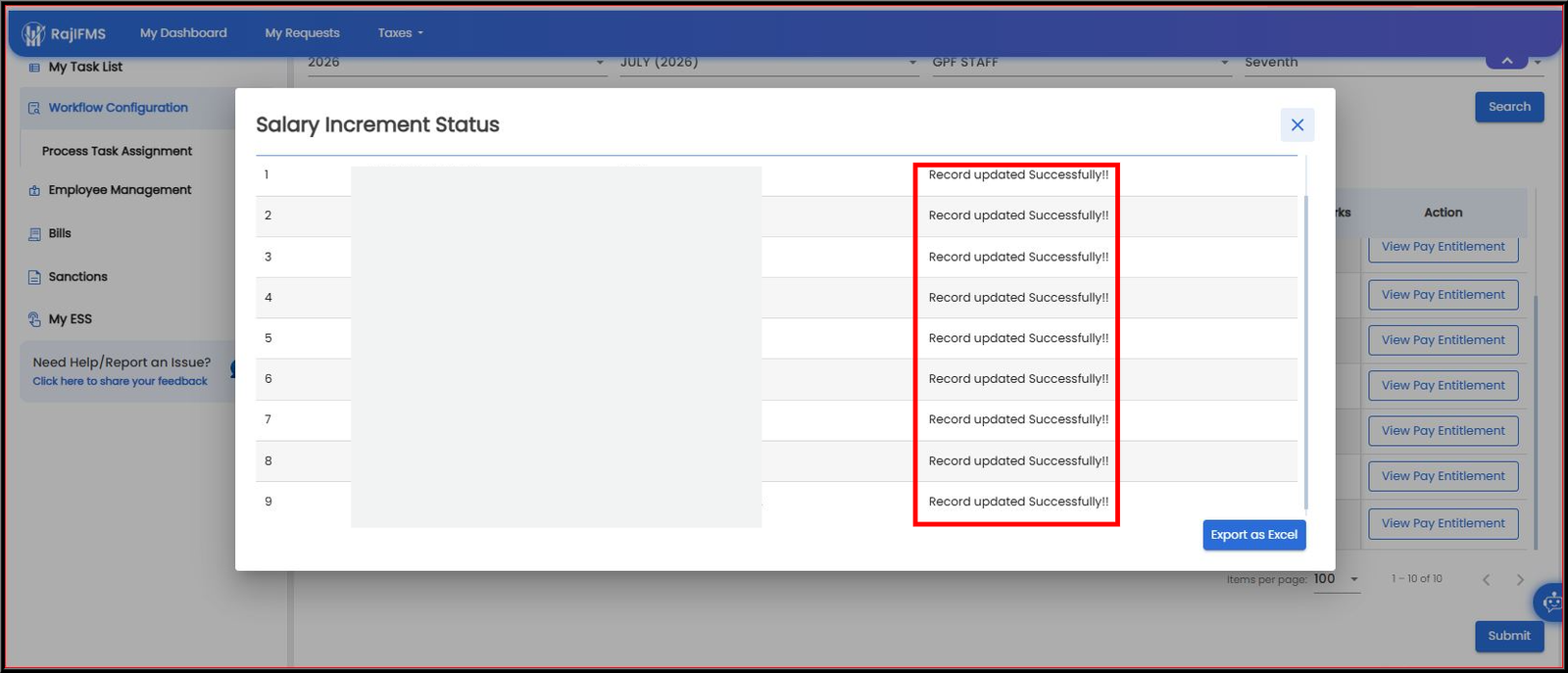 Final Record Updated and Export to Excel Status