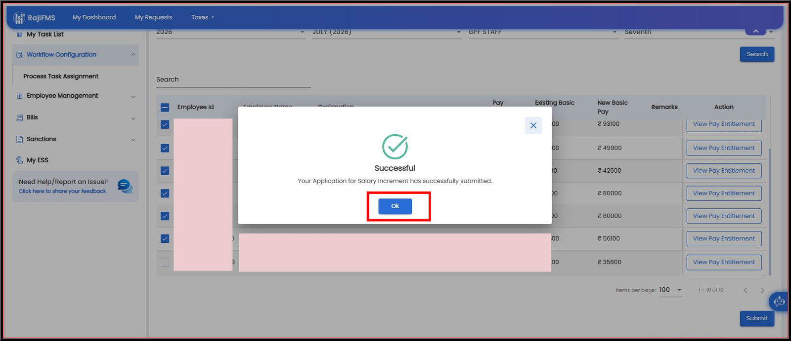 Successful Submission Dialog Box